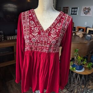 Knox Rose Women's Size M Embroidered Red Peasant Blouse